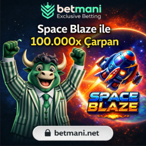 Betmani Space Blaze crash oyunu 100.000x çarpan ve roket temalı kazanç ekranı.
